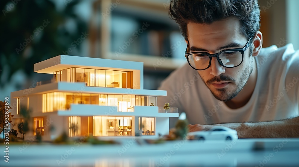 Leinwandbilder closeup of professional beautiful young architect engineer focus on measure house model length at mo