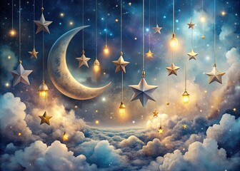 Silky stars twinkle softly against a velvety blackness, while the moon casts an enchanting glow, enticing dreams to unfold within a realm of ethereal beauty.