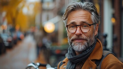 Obraz premium portrait of mature businessman standing by bicycle commuting from office on bike going home handsome man with glasses in suit