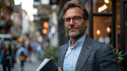 Obraz premium portrait of mature businessman standing on city street in front of office building handsome man with glasses in suit holding laptop