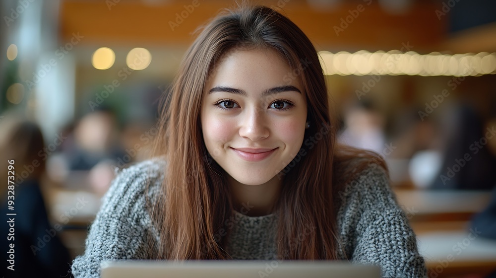 Poster student laptop and portrait in classroom writing notes for college course test and campus work femal