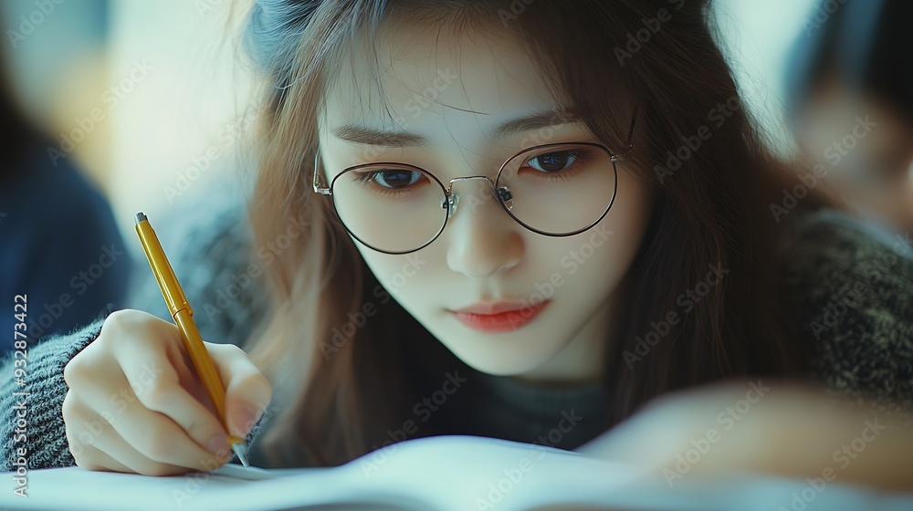 Aufkleber Woman students and writing with test in classroom for exam study or assignment at university Female person or group busy on project or essay with notebook for higher education lesson o : Generative AI