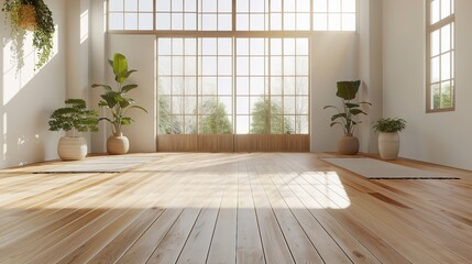 Light-filled, spacious yoga studio with wooden floors. Generative Ai