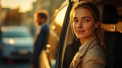 Female chauffeur waits a business people to let them in a minivan taxi keeping door open Concept of business trips and transportation service : Generative AI