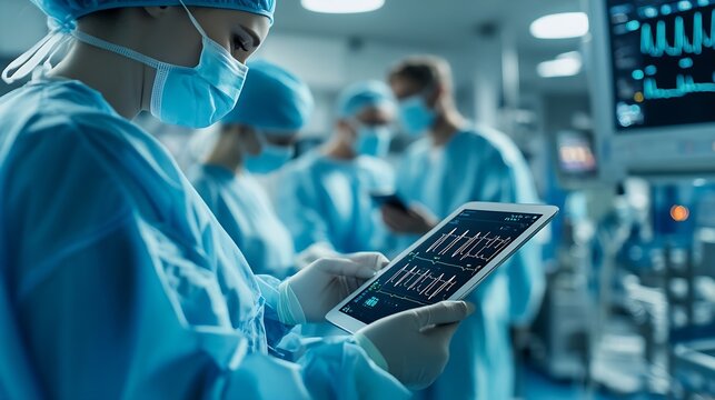 Image of cardiograph over diverse surgeons using tablet at hospital Medicine healthcare and digital interface concept concept digitally generated image : Generative AI