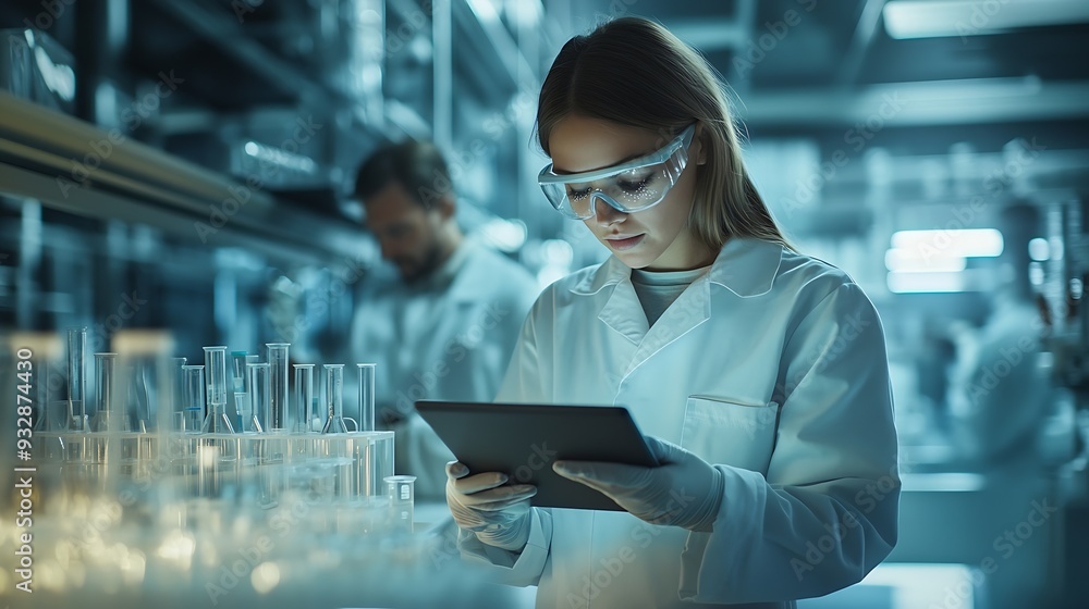 Poster science teamwork and scientist with tablet in laboratory for communication pharmaceutical review or 