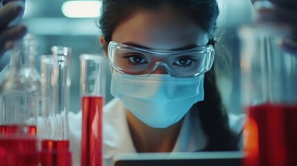 People mask or scientists on tablet for liquid results life extension or antiaging medicine in laboratory Teamwork vial or biologists with chemistry research test tube or science info  : Generative AI