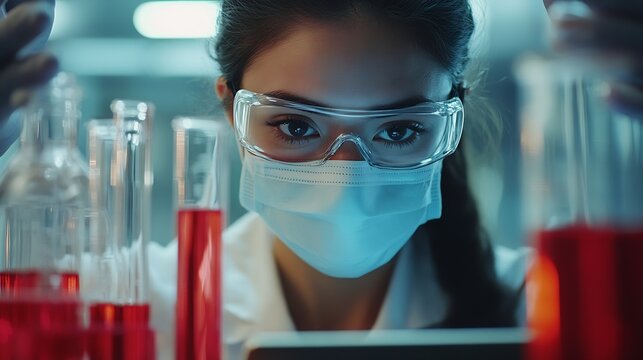 People mask or scientists on tablet for liquid results life extension or antiaging medicine in laboratory Teamwork vial or biologists with chemistry research test tube or science info  : Generative AI