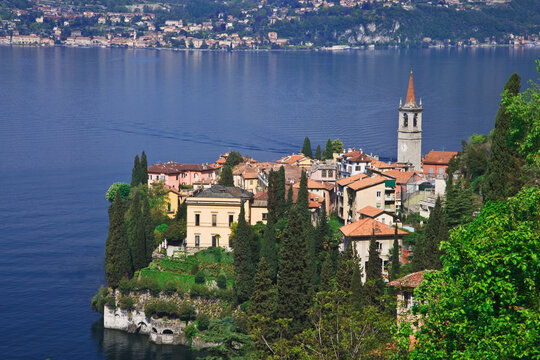 Italy, Varenna. Overview of town and Lake Como. 