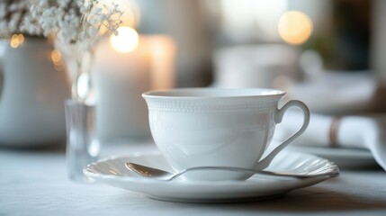 Fototapeta premium White porcelain teacup on a saucer, classic and elegant, afternoon tea setting