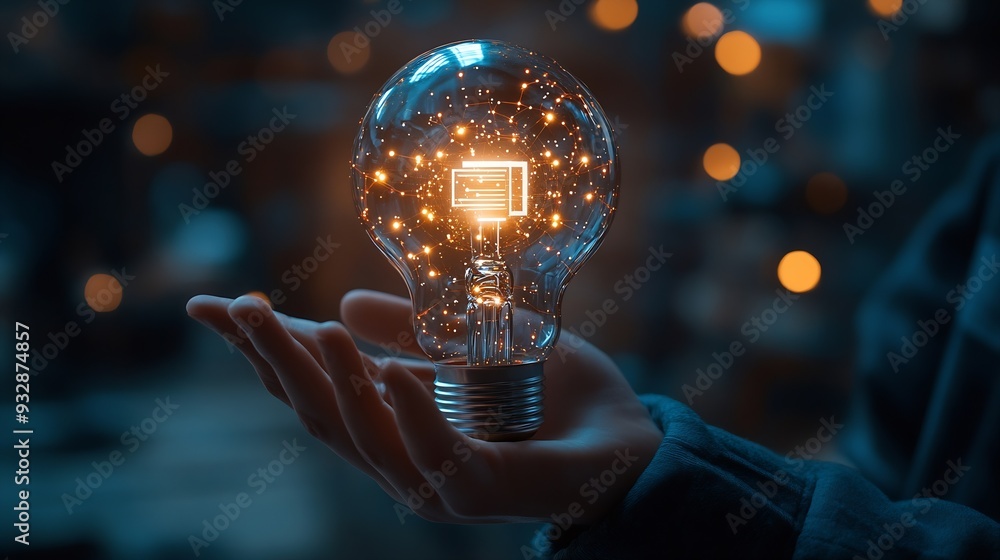 Poster AI Artificial Intelligence Technology concept Businessman holding a glowing lightbulb with AI symbol representing artificial intelligence technology innovation and future digital advan : Generative AI