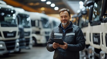 Manager with a digital tablet next to trucks Fleet management : Generative AI
