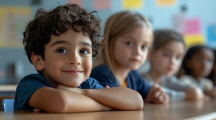 Obraz premium Group of ethnically diverse kids sitting at table in classroom doing exercise together during English lesson : Generative AI