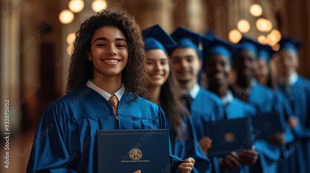Poster portrait of a group of smiling happy multiracial diverse graduates students standing in a row in a b