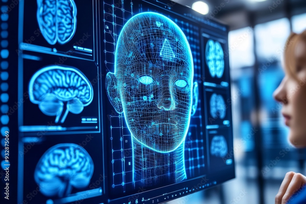 Poster woman analyzing a digital brain interface in a futuristic lab highlighting the advanced neurotechnol