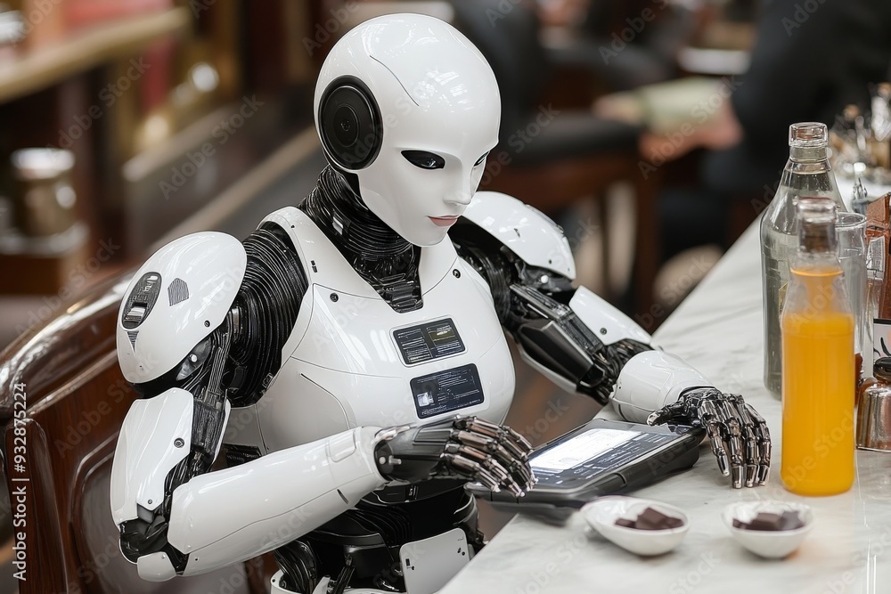 Aufkleber humanoid robot sitting at a table in a café representing the blending of technology and everyday lif