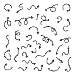 Chalk scribble arrows set. Collection of handdrawn crayon line elements on a white backgraund.