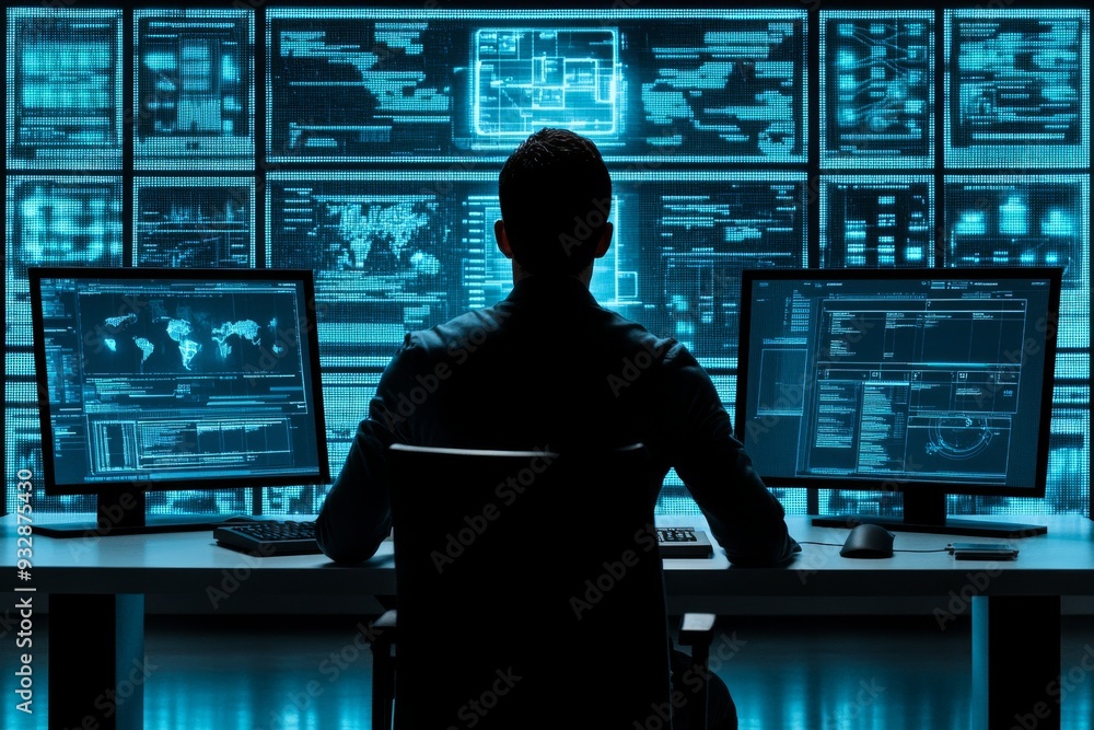 Poster silhouette of a person sitting in front of multiple screens in a dark control room embodying the sol