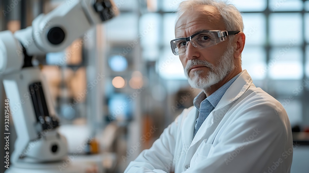 Poster Thoughtful scientist standing near robotic arms in front of window at laboratory : Generative AI