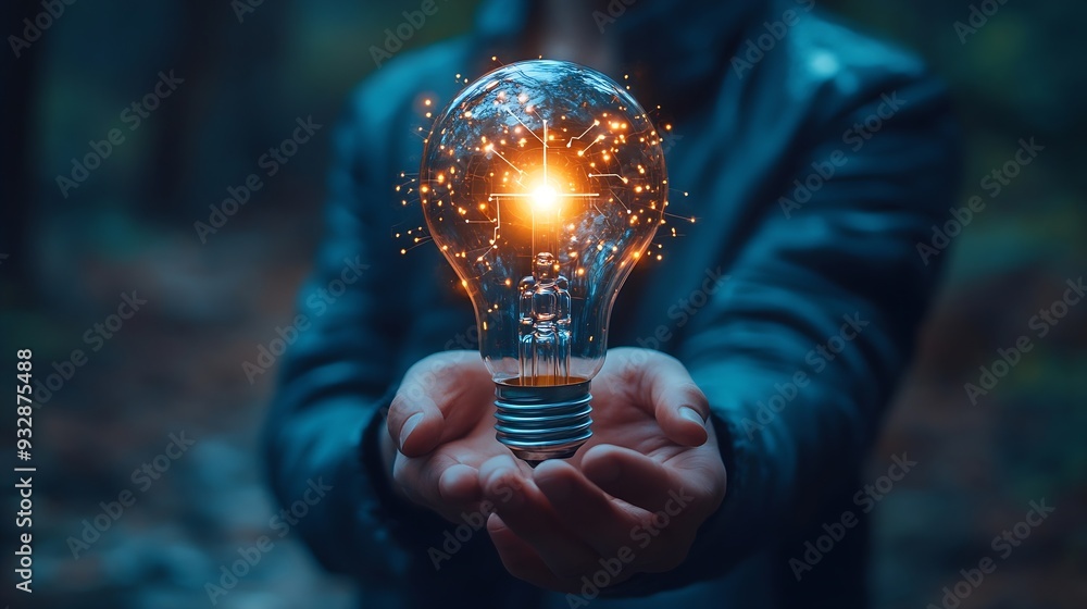 Poster AI Artificial Intelligence Technology concept Businessman holding a glowing lightbulb with AI symbol representing artificial intelligence technology innovation and future digital advan : Generative AI
