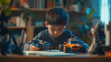 Education writing in notebook and kid with robotics homework homeschool and science for tech project Taking notes car robot and boy child with knowledge learning and studying in house  : Generative AI