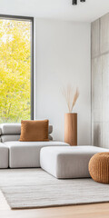 Modern living room in a luxury property withe stylish furniture. Residential interior design composition.