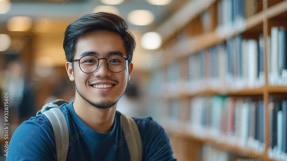 Poster Student man and happy with portrait in library for writing scholarship and studying for exam knowledge Gen z person and smile for learning education and research notes for university a : Generative AI