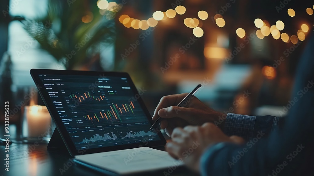 Poster Top view of smart manager looking at financial statistic on tablet at meeting room Group of diverse business people working together to analyze investment data on table with notebook D : Generative AI