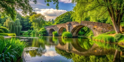 Fototapeta premium Tranquil riverside walk featuring lush greenery and picturesque old stone bridges, Tranquil, Riverside, Walk