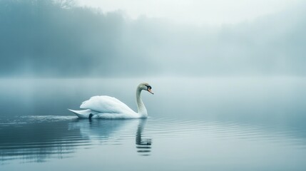 Obraz premium White swan gliding on a calm lake, graceful and serene, symbol of beauty and purity