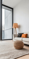 Modern living room in a luxury property withe stylish furniture. Residential interior design composition.