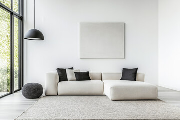 Modern living room in a luxury property withe stylish furniture. Residential interior design composition.