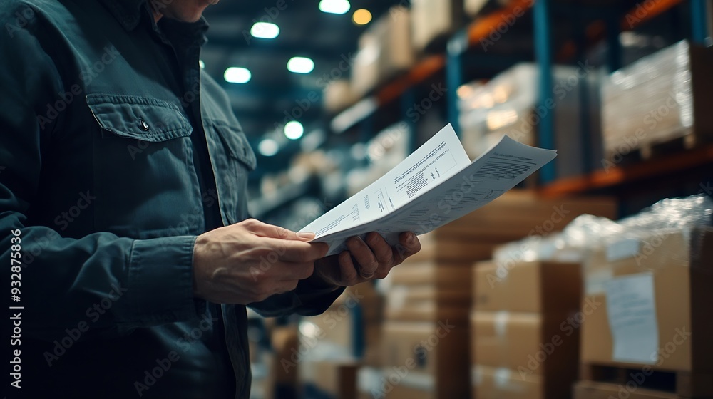 Aufkleber Exporting supervisor in charge of producing receipts for item administration tracking delivery and transportation requirements Manufacturing operator going over records for order submi : Generative AI