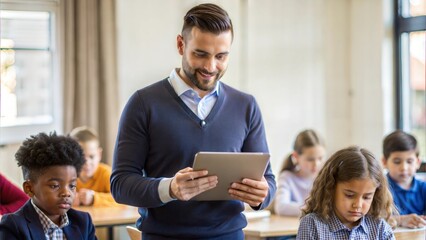 A teacher incorporating digital tools, such as a tablet or interactive whiteboard, into the lesson, with students following along.
