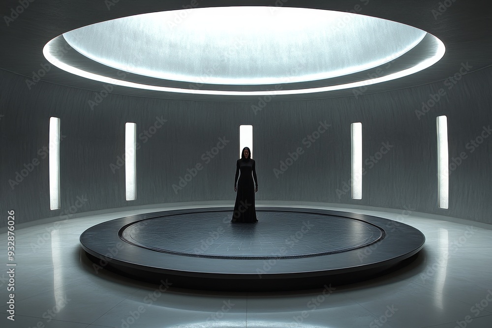 Aufkleber woman standing under a circular futuristic light in an empty modern space embodying the convergence 