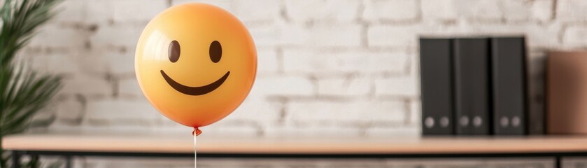 Fototapeta premium Cheerful smiley balloon adds a touch of joy to modern workspace, enhancing creativity and positivity in any environment.