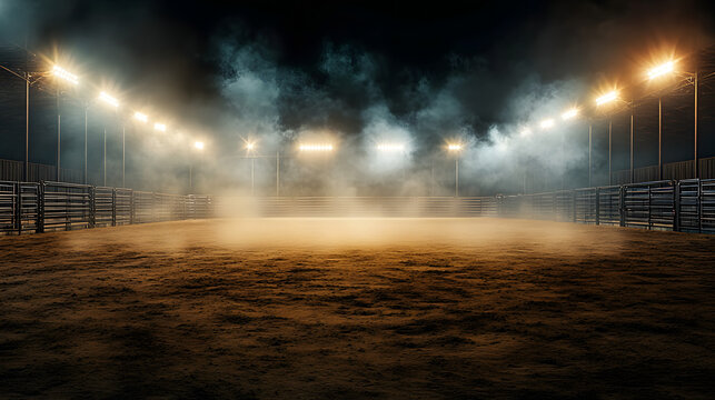 desolate rodeo arena illuminated by bright lights and lingering smoke. concept rodeo arena, bright lights, smoke, desolate setting isolated on white background, flat design,&nbsp;
