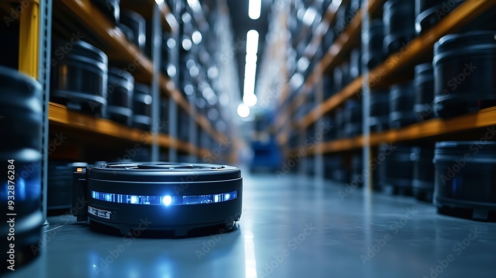 Poster blur background of smart robotic machine inspecting product in storage warehouse interior with shelv