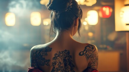 Asian female model with tattoo art on her back in studio room background wallpaper AI generated image
