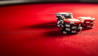 Casino Chips on Red Felt Table isolated with white highlights, 