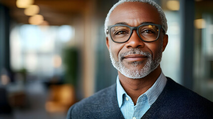 Obraz premium Portrait of a serious middle-aged man with glasses in an office.