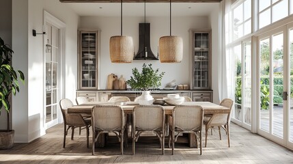 Watercolor farmhouse-style dining table with rustic wood and soft lighting.