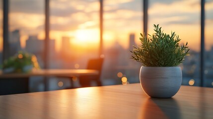 Blur background of office interior with large windows with city urban view plants and wooden desks at sunset Modern workplace and urban greenery concept Design for poster wallpaper Spa : Generative AI