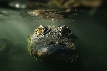 Fototapeta premium In a murky river, a crocodile lurks just below the surface, its eyes peeking above the water, Generated AI