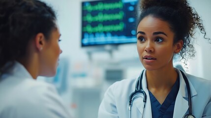 Image of heart rate monitor over diverse female doctor and healthworker discussing at hospital Medical healthcare and research science technology concept : Generative AI