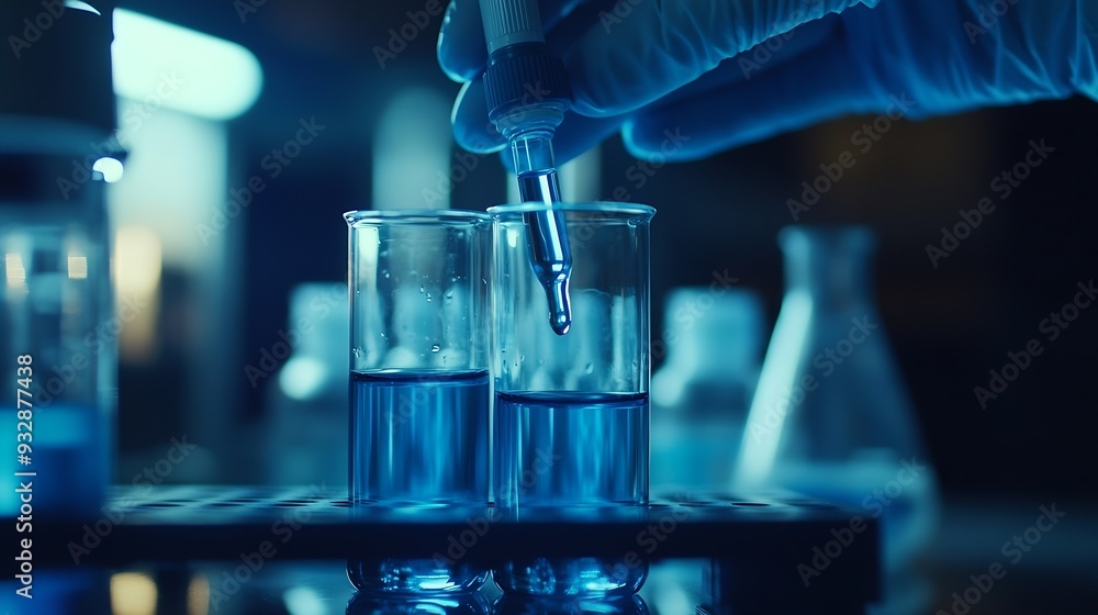 Leinwandbilder closeup hands dropping fluid from dropper flask beaker into blue test tube sample laboratory for com