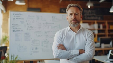 Meeting whiteboard and businessman speaking for presentation with workshop notes and project proposal in office Talking entrepreneur guy and coaching or teaching staff with explain for : Generative AI