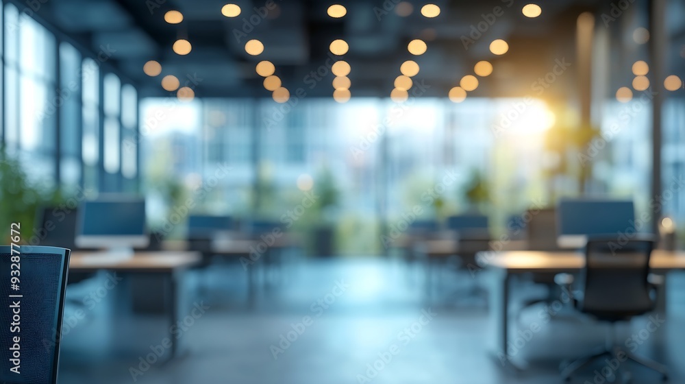 Poster Blur background of modern office environment with multiple workstations and large windows Corporate interior photography Professional workplace concept Design for corporate workplace S : Generative AI