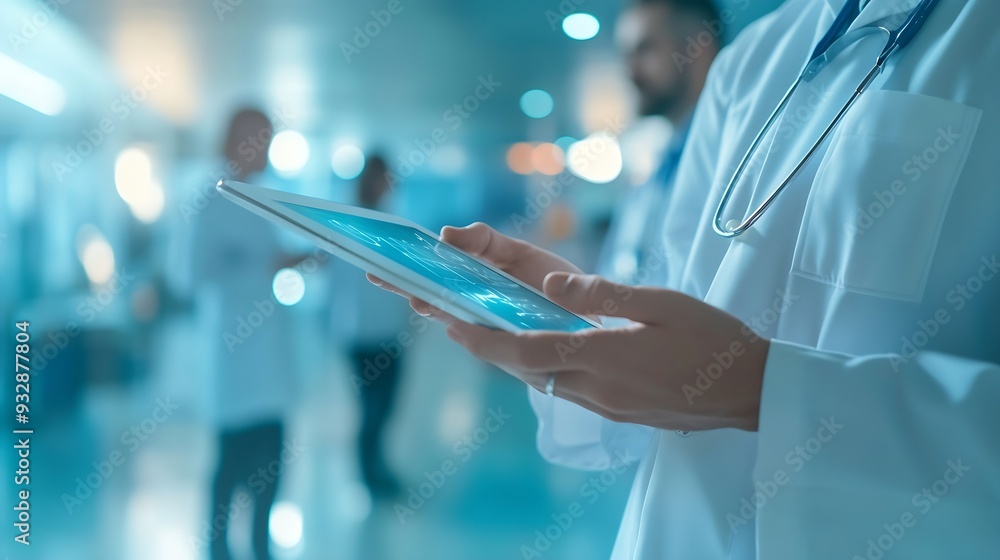 Poster Doctors group and meeting on tablet for medical planning advice and support in teamwork or hospital solution Healthcare staff people and leader on digital technology and talking of cli : Generative AI