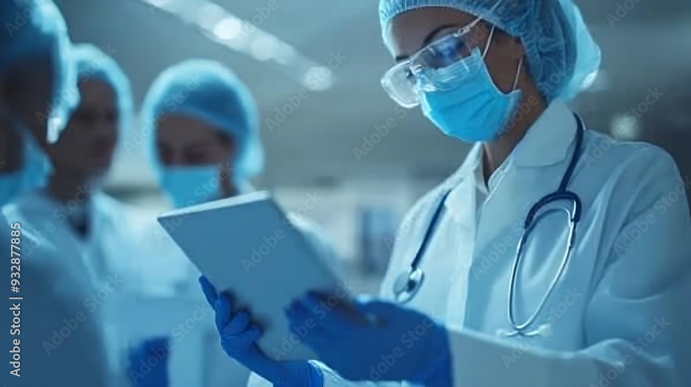Poster women doctors and explain on tablet in hospital for patient information appointment and schedule dat